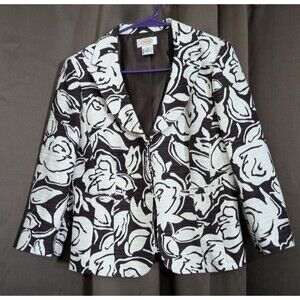 Talbots Womens Blazer Jacket Clasp Front 3/4 Sleeve Floral Brown Linen Blend